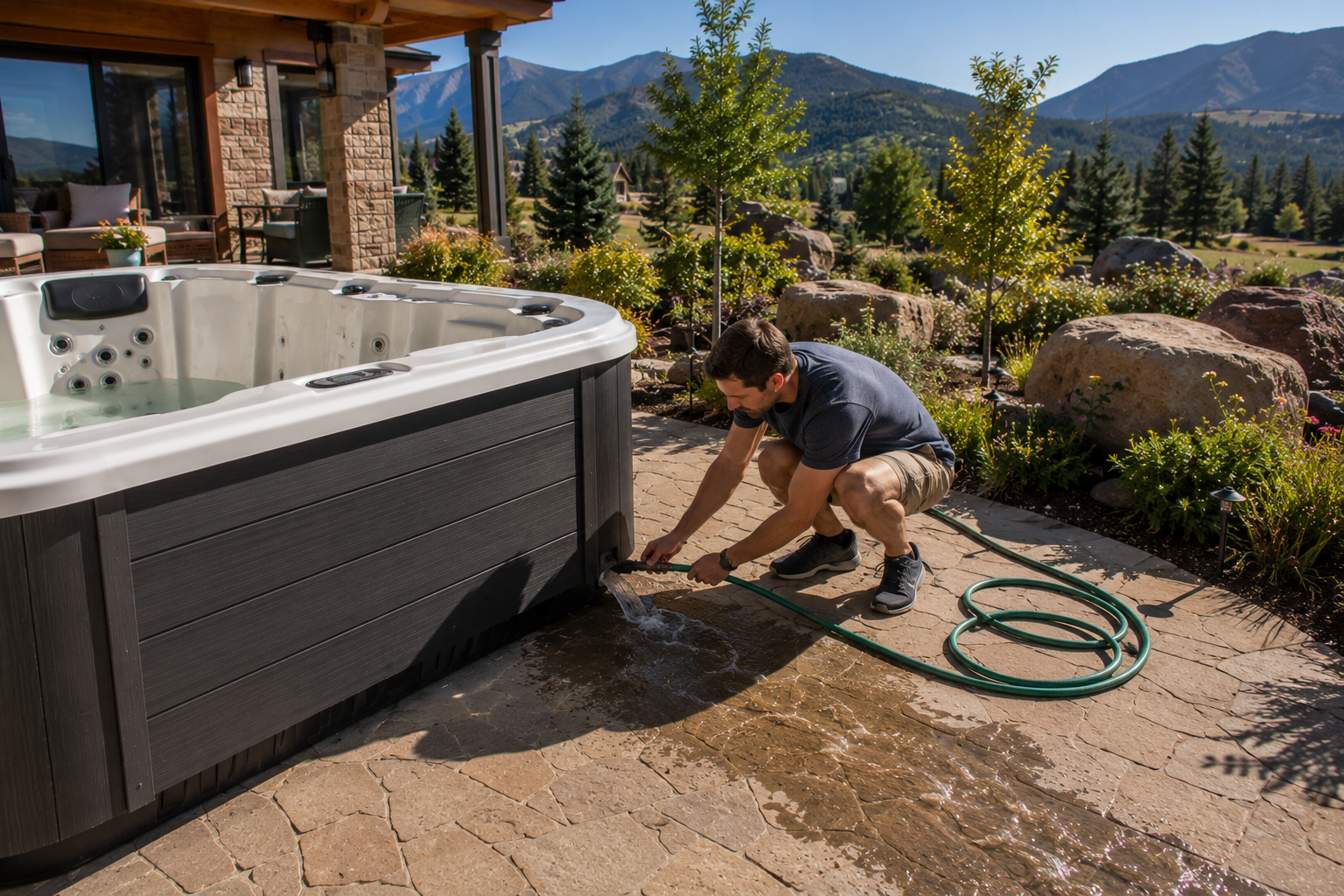 Homeowner draining an outdoor hot tub with a garden hose
