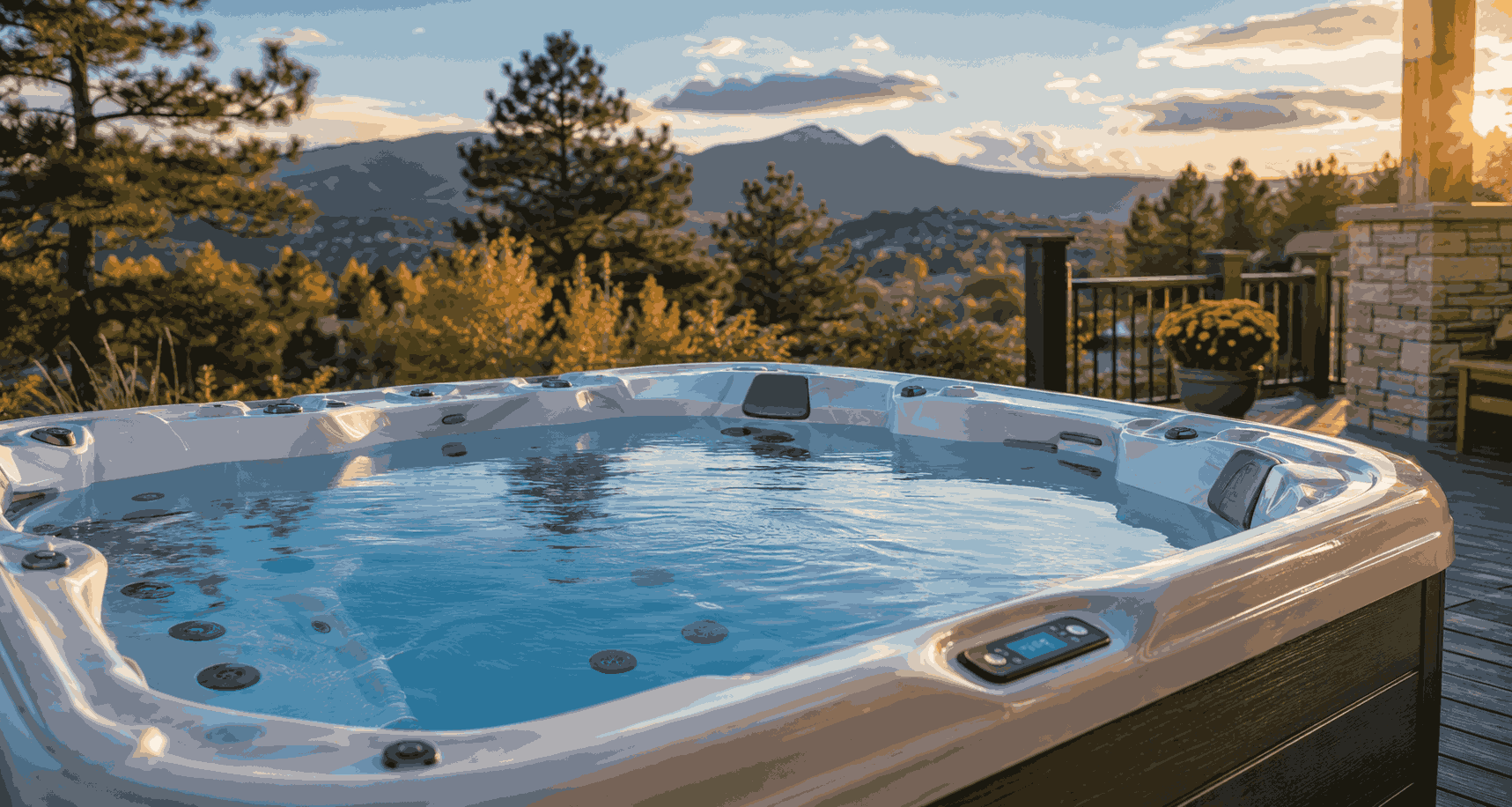 Clear outdoor hot tub water with mountain scenery
