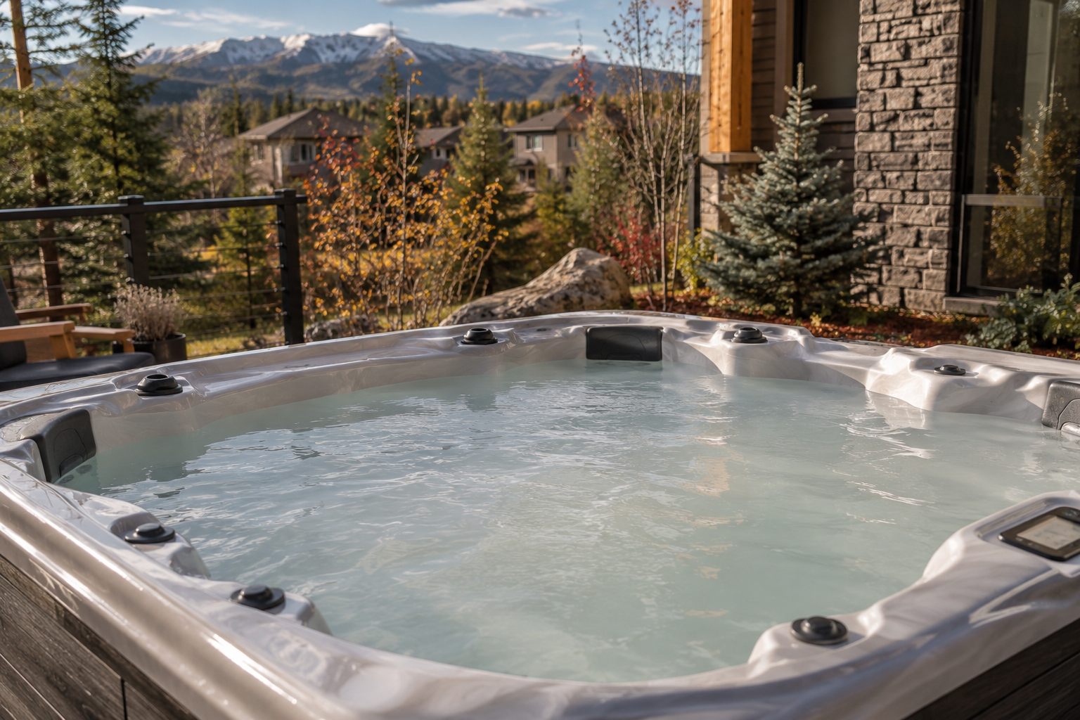 Cloudy water in an outdoor hot tub beside a mountain home