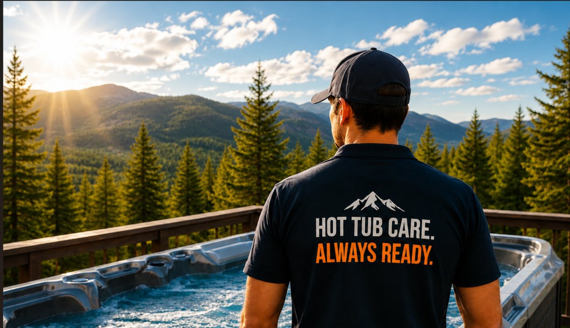 Ready Hot Tub technician standing beside a hot tub overlooking the Colorado mountains
